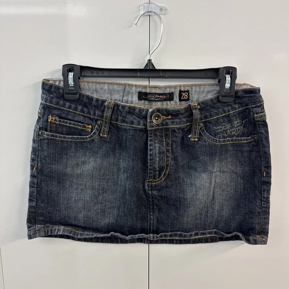 Vintage Ed Hardy Denim Mini Skirt Womens 28 Dark Blue Spell Out Rhinestones‎